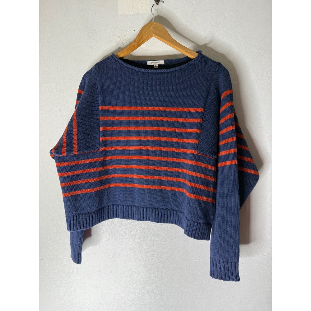 Madewell rolled neck cotton long sleeve sweater navy orange stripe medium